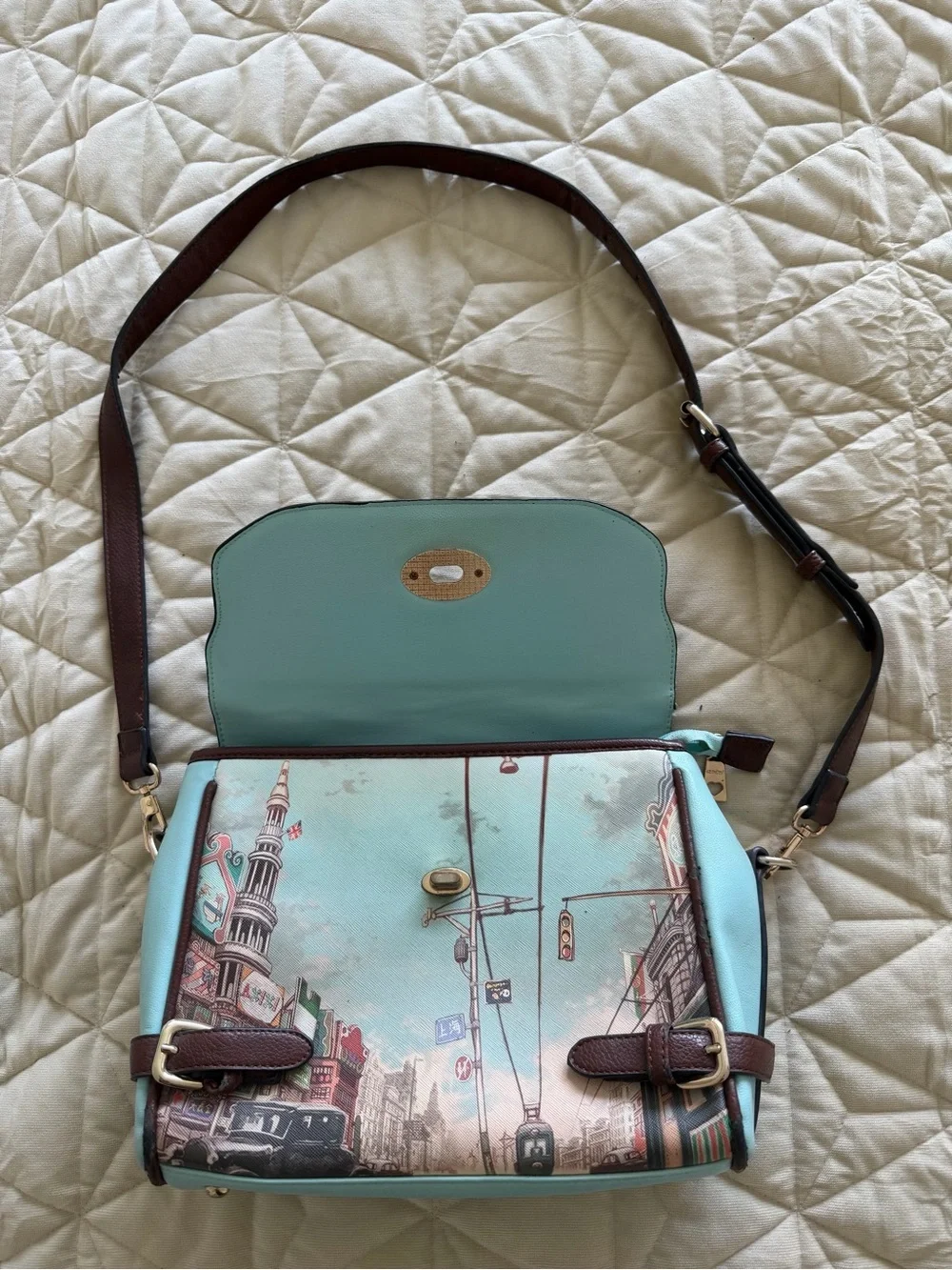Blue & Mint City-Print Satchel Handbag